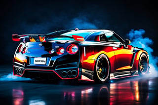 (((A photo realistic image of a Nissan GT-R Nismo 2023))), ((wide shot)) , sharp, detailed car body ,Flame Paint stripes, detailed tires, (masterpiece, best quality, ultra-detailed, 8K), race car, street racing-inspired, Drifting inspired, LED, ((Twin headlights)), (((Bright neon color racing stripes))), (Black racing wheels), Wheel spin showing motion, Show car in motion, Burnout,  wide body kit, modified car,  racing livery, masterpiece, best quality, realistic, ultra high res, (((depth of field))), (full dual color neon lights:1.2), (hard dual color lighting:1.4), (detailed background), (masterpiece:1.2), (ultra detailed), (best quality), intricate, comprehensive cinematic, magical photography, (gradients), glossy, Fast action style, fire out of tail pipes, Sideways drifting in to a turns, 