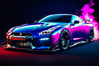 (((A photo realistic image of a Nissan GT-R Nismo 2023))), ((wide shot)) , sharp, detailed car body , detailed tires, (masterpiece, best quality, ultra-detailed, 8K), race car, street racing-inspired, Drifting inspired, LED, ((Twin headlights)), (((Bright neon color racing stripes))), (Black racing wheels), Wheel spin showing motion, Show car in motion, Burnout,  wide body kit, modified car,  racing livery, masterpiece, best quality, realistic, ultra high res, (((depth of field))), (full dual color neon lights:1.2), (hard dual color lighting:1.4), (detailed background), (masterpiece:1.2), (ultra detailed), (best quality), intricate, comprehensive cinematic, magical photography, (gradients), glossy, Fast action style, Sideways drifting in to a turns, ,c_car,fire element