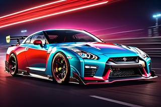 (((A photo realistic image of a Nissan GT-R Nismo))), ((wide shot)) , sharp, detailed car body , detailed tires, (masterpiece, best quality, ultra-detailed, 8K), race car, street racing-inspired, Drifting inspired, LED, ((Twin headlights)), (((Bright neon color racing stripes))), (Black racing wheels), Wheel spin showing motion, Show car in motion, Burnout,  wide body kit, modified car,  racing livery, masterpiece, best quality, realistic, ultra high res, (((depth of field))), (full dual color neon lights:1.2), (hard dual color lighting:1.4), (detailed background), (masterpiece:1.2), (ultra detailed), (best quality), intricate, comprehensive cinematic, magical photography, (gradients), glossy, Fast action style, Sideways drifting in to a turns, ,c_car,fire element