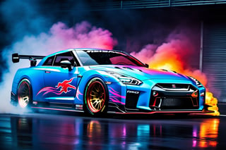 A photo realistic image of a Nissan GT-R Nismo 2023 
, sharp, detailed car body ,ethereal art, detailed tires, fire scene, (masterpiece, best quality, ultra-detailed, 8K), race car, street racing-inspired, Drifting inspired, LED, ((Twin headlights)), (((Bright neon color racing stripes))), (Black racing wheels), Wheel spin showing motion, Show car in motion, Burnout,  wide body kit, modified car,  racing livery, masterpiece, best quality, realistic, ultra high res, (((depth of field))), (full dual color neon lights:1.2), (hard dual color lighting:1.4), (detailed background), (masterpiece:1.2), (ultra detailed), (best quality), intricate, comprehensive cinematic, magical photography, (gradients), glossy, Fast action style, fire out of tail pipes, Sideways drifting in to a turns, Neon galaxy metalic paint with race stripes,