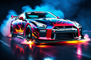 A photo realistic image of a Nissan GT-R Nismo 2023 
, sharp, detailed car body ,ethereal art, detailed tires, fire scene, (masterpiece, best quality, ultra-detailed, 8K), race car, street racing-inspired, Drifting inspired, LED, ((Twin headlights)), (((Bright neon color racing stripes))), (Black racing wheels), Wheel spin showing motion, Show car in motion, Burnout,  wide body kit, modified car,  racing livery, masterpiece, best quality, realistic, ultra high res, (((depth of field))), (full dual color neon lights:1.2), (hard dual color lighting:1.4), (detailed background), (masterpiece:1.2), (ultra detailed), (best quality), intricate, comprehensive cinematic, magical photography, (gradients), glossy, Fast action style, fire out of tail pipes, Sideways drifting in to a turns, Neon galaxy metalic paint with race stripes,