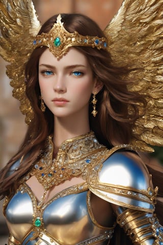 Masterpiece, highly detailed, realistic, A beautiful girl battle angel in polished solid gold armour with barouque engraving with a diamonds and precious stones. She has a broadsword. She has two large white feathered wings and long flowing auburn hair and an intricate gold crown encrusted with diamonds sapphires rubies and emeralds. She has beautiful blue eyes.  Beautiful Face, Detailed face, lovely, photorealistic, photograph