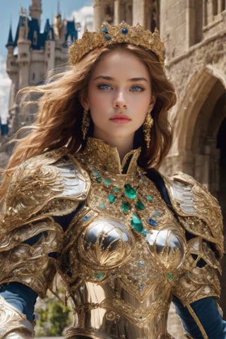 Masterpiece, highly detailed, realistic, A beautiful girl battle angel in polished solid gold armour with barouque engraving with a diamonds and precious stones. She has a broadsword. She has two large white feathered wings and long flowing auburn hair and an intricate gold crown encrusted with diamonds sapphires rubies and emeralds. She has beautiful blue eyes.  Beautiful Face, Detailed face, lovely, photorealistic, photograph, castle in background 