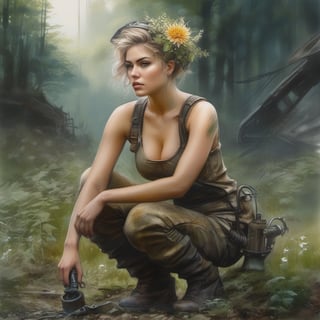 (Highest Quality, 4k, masterpiece, Amazing Details:1.1), nude. kneeling, (forrest|fantasy), ((((post apocalyptic mechanic woman)))), thin eyebrows, wavy short hair with flower hair ornament, ((aquarell:1.2)), (full body)