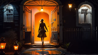 woman greeting from the door of an old damaged colonial country house broken paint, with a steel gate, at midnight, orange sodium lights, with cinematic lighting, seen from besides, more detail XL,more detail XL,donmcr33pyn1ghtm4r3xl  