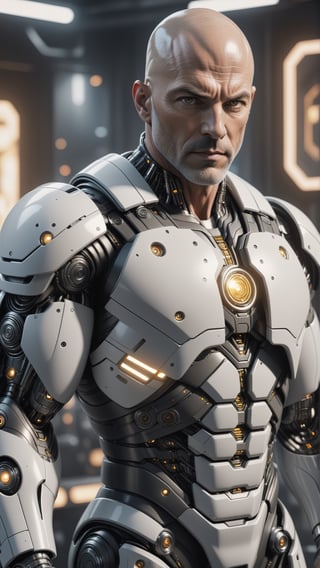 bald, muscular white man in his fifties, hazel eyes, dressed in TGRON legacy style suit, with machines in the background, with cinematic lighting, extremely detailed. 8k,monster,cyborg style,cyborg,android,make_3d,Movie Still