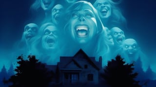 duotone horrifying vampire woman with grinning mouth and huge fangs floating ghosts, movie poster illustration