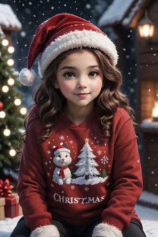 (8k, RAW photo, highest quality)
A hyperrealistic Cute cartoon style girl, tender and sweet. Sitting, dressed in a dark red fluffy sweatshirt with the , broun long curly hair, Christmas hat with in name osmary" rex colors and light sparkles. Background with Christmas theme, snow, snowflakes, poinsettias. Name "ALEXIA"., typography, 3d render, painting