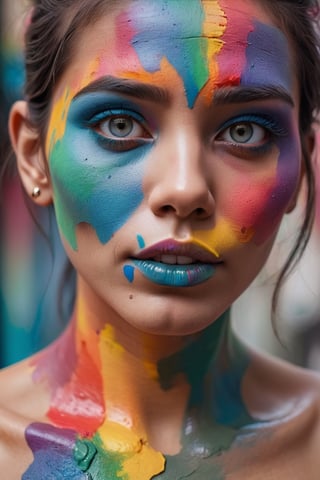 a close up of a person with painted face, pexels contest winner, vibrant triadic color scheme, trending on artstarion, woman's face looking off camera, the wonder of devotion, viscous rainbow paint, piercing grey eyes, holding paintbrushes, mixed-race woman, by Robbie Trevino, vivid colors!