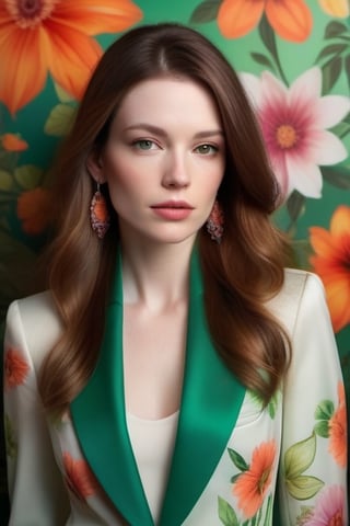 realistic, complex and extremely specific photo of a white woman (pale: 1.5) in her 30s, wearing a couture blazer and a maxi earring, extremely beautiful with brown hair (caramel highlights), long hair, (straight: 1.5) fluttering and impressive,
In one with floral wallpaper, full of vivid colors (green, pink, orange, caramel) studio photography, (indoor environment) contrasting colors, 32k resolution, best quality, volumetric lighting, intricate details, focus on the face, very high saturation , centralized.