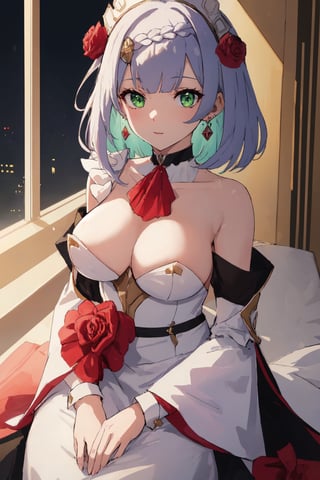 (masterpiece:1.2, best quality:1.2, beautiful, high quality, highres:1.1, aesthetic), detailed, extremely detailed, ambient soft lighting, perfect eyes, perfect face, 1girl, long white hair, hair ornament, normal breasts, red gatsby dress, strapless, dress can see through, show nipples, bare shoulders, sleeveless, wrist cuffs, detached sleeves, earrings, black choker, looking at the viewer, full body, slim body, green eyes,noelledef,raidenshogundef,noellernd