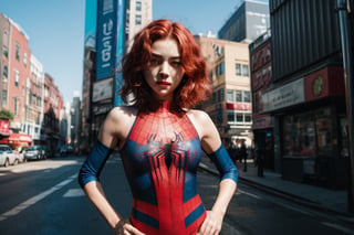 1girl,:>,(loli,13 years old),insanely detailed, (red_hair), japanese idol,breasts, medium breasts,
Spiderman,large area Chest Spider-Man logo tattoo,Perfect body,
sexy lingerie with Spiderman prints,lips, (short_hair:1.2), pink_nails, red_nails, building, solo, new york,spider suit,camel toe,spider web print,spider web wasp waist, sleeveless,