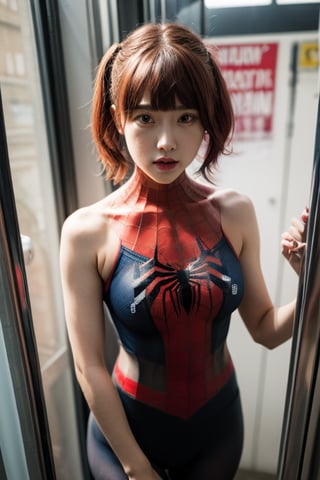 1girl,:>,(loli,13 years old),pigtails,bangs,
blunt bangs,insanely detailed, (red_hair), japanese idol,breasts, medium breasts,
Spiderman,large area Chest Spider-Man logo tattoo,Perfect body,
sexy lingerie with Spiderman prints,lips, (short_hair:1.2), pink_nails, red_nails, building, solo, new york,spider suit,camel toe,spider web print,spider web wasp waist, sleeveless,