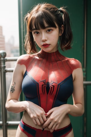 1girl,:>,(loli,13 years old),pigtails,bangs,
blunt bangs,insanely detailed, (red_hair), japanese idol,breasts, medium breasts,
Spiderman,large area Chest Spider-Man logo tattoo,Perfect body,
sexy lingerie with Spiderman prints,lips, (short_hair:1.2), pink_nails, red_nails, building, solo, new york,spider suit,camel toe,spider web print,spider web wasp waist, sleeveless,