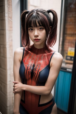 1girl,:>,(loli,13 years old),pigtails,bangs,
blunt bangs,insanely detailed, (pink_hair), japanese idol,breasts, medium breasts,
Spiderman,large area Chest Spider-Man logo tattoo,Perfect body,
sexy lingerie with Spiderman prints,lips, (short_hair:1.2), pink_nails, red_nails, building, solo, new york,spider suit,camel toe,spider web print,spider web wasp waist, sleeveless,