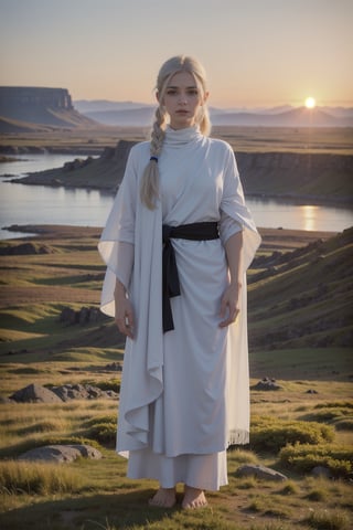 Protrait, photograph, androgynous hunnuman, oval jaw, delicate features, beautiful face, white hair, long bangs, long ponytail, bright blue eyes, hindu art, chin, standing in front of an epic landscape in iceland, full body shot, sunset, barefeet, white seetrough poncho
