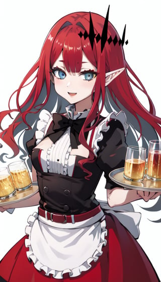 Nightbar_background, high_resolution, best quality, extremely detailed, HD, 8K, 
1 girl, solo, figure_sexy, hot, 170 cm, tall_girl, small_breasts, happy face, adult, beautiful eyes, short elf ears, (grey skin), (red hair:2.0), long hair, tiara, maid_uniform, white_uniform, looking_at_viewer, long_skirt, holding_plate, wine_glass