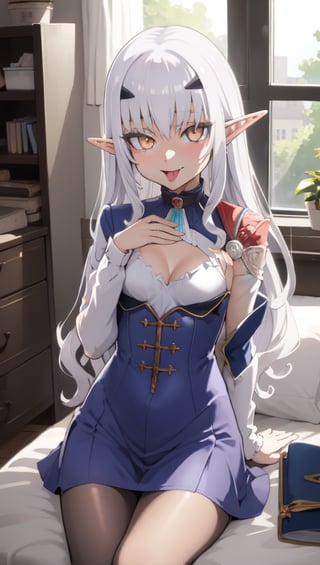 bedroom_background, high_resolution, best quality, extremely detailed, HD, 8K, detalied_face, ,fairy knight lancelot (fate), elf ears, long_hair, wavy_hair, white hair, figure_sexy, 156 cm, little girl, tiny_girl, lolicon ,1 girl, small breasts, golden_eyes:1.2, collarbone, thighs, one piece/dress, leggings, cleavage, boob_window, from above, sticking_out_tongue