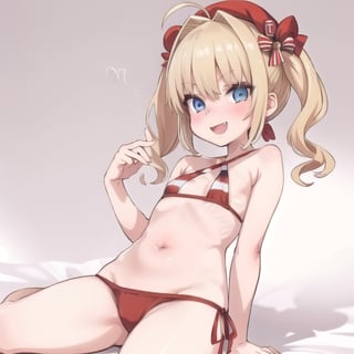 beach_background, high_resolution, best quality, extremely detailed, HD, 8K, detalied_face,
figure_sexy, 132 cm, 1 girl, small breasts,  tiny_breasts,  (petanko:1.5),  loli,  lolicon, happy, (blonde_hair:1.3), blue eyes, Nero, wasp_waist, microbikini:2.0,