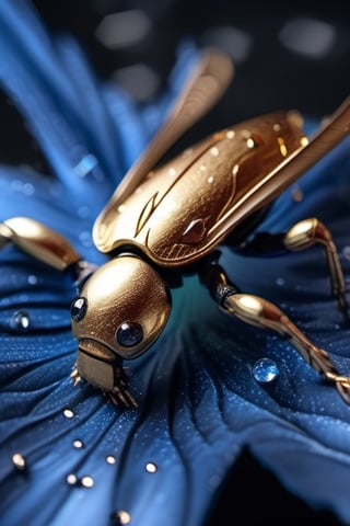 mechanical bug, silver screw heads, camera eyes, delicate wings, metal proboscis, gold specs, driftwood, plain desert, shot from above, single dew drops, dark blue night sky, (masterpiece, best quality:1.4), (extremely detailed, 8k, uhd), cinematic shot, natural lighting, ultra highres, vibrant rich colors, (beautiful, aesthetic, perfect, delicate, complex:1.2), (sharp focus:1.3), flowing petals, intricate details, (depth of field, bokeh), award winning photography, detailed background, volumetric fx, photorealism, hyper-detailed