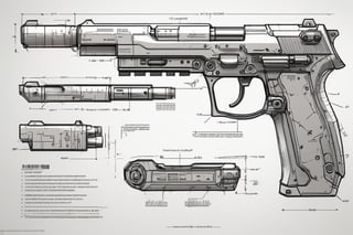 board with an assembly instruction of a futuristic handgun
