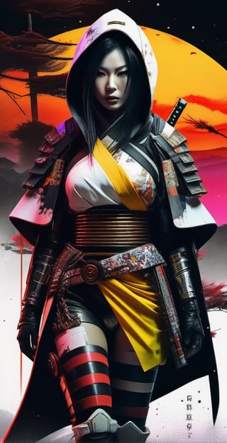 lethal geisha cyborg assassin wearing hooded kimono & armor, danger, red-yellow sky, post apocalyptic art, neon horror, sci-fi, glitchcore, cgsociety, modern european ink painting, androgynous, mixed media, dystopian art, black and Neon cosmic art, analog horror, nightmarefuel, space punk, glitchcore, hauntingly beautiful, beautifully ominous. A world class female cyborg in stunning HD, world class art, unique, modern masterpiece, exceptional, exquisite, dark fantasy, apocalypse art, calotype,detailmaster2