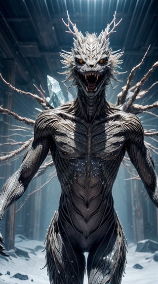 In a bewildering dystopian crystal crawler, a creature with an intricate body made entirely of shimmering crystalline structures navigates through a desolate landscape. The portrait panoramic photograph portrays this otherworldly being in exquisite detail, capturing every facet of its translucent body that refracts light with an ethereal glow. The image showcases the creature's multi-jointed limbs gracefully skimming the ground, an eerie contrast to its jagged and fragmented appearance. The high-resolution capture allows viewers to appreciate the astonishing craftsmanship of the crystals, conveying a sense of enchantment despite the post-apocalyptic aura that surrounds the scene.