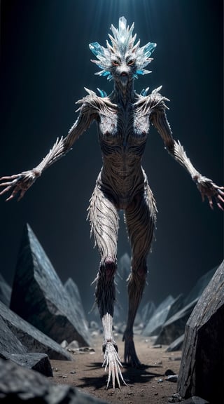 In a bewildering dystopian crystal crawler, a creature with an intricate body made entirely of shimmering crystalline structures navigates through a desolate landscape. The portrait panoramic photograph portrays this otherworldly being in exquisite detail, capturing every facet of its translucent body that refracts light with an ethereal glow. The image showcases the creature's multi-jointed limbs gracefully skimming the ground, an eerie contrast to its jagged and fragmented appearance. The high-resolution capture allows viewers to appreciate the astonishing craftsmanship of the crystals, conveying a sense of enchantment despite the post-apocalyptic aura that surrounds the scene.