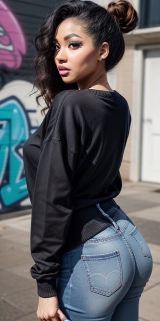 a woman standing in a room holding a purse, inspired by Briana Mora, instagram, graffiti, nicki minaj curvy, wearing a dark shirt and jeans, blue sweater, frontal pose, black outline, black black black woman, queen, real life size, wearing sweatshirt, side pose, thot, image, profile pic, satisfied pose, profile image, jeans and t shirt