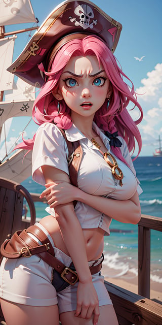 ((Ultrawide)), Analog style, photo of a girl, (1girl, pirate girl), cat-ears, furious expression, angry face, (pink hair braid), ((pretty  face: 1.7, perfect face:1.5)), (big breasts),  pale skin, shiny skin, tattoos, white clothes, pirate clothes, pirate hat, leaning on the mast, gesturing hands, sword, pirate ship, sea, 8k, 3d, (best quality:1.5, hyperrealistic:1.5, photorealistic:1.4, madly detailed CG unity 8k wallpaper:1.5, masterpiece:1.3, enthusiastically detailed photo:1.2), (hyper-realistic lifelike texture:1.4, realistic eyes:1.2), (octane render, unreal engine 5) 