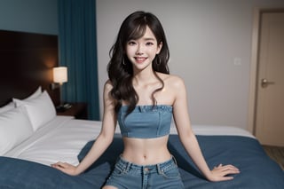 centered, Kimtaeyeon, pure face, beautiful face, smile, long messy hair, strapless tube_top, navel, midriff, open denim shorts, hotel room, bokeh, depth of field, | hyperelism shadows, full body,cowboy_position
