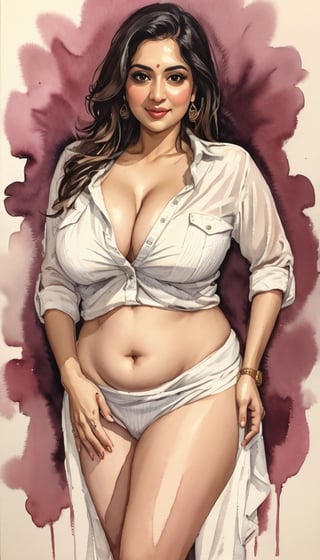 watercolor painting of a 35-year-old desi curvy woman exuding confidence and sexiness. She dons a loose shirt that falls just below her waist, revealing her busty figure and a hint of her charm. The overall painting is detailed and precise, showcasing the exceptional skill and high clarity of the artist's work, making the viewer feel the essence of the subject's confidence and allure and happiness