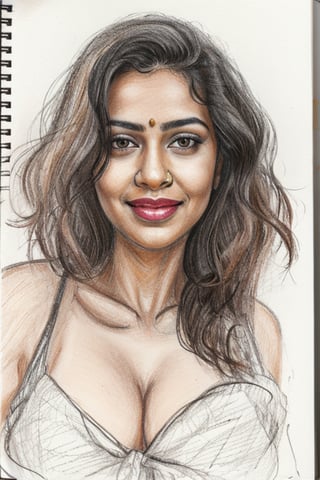 A sultry Malayali beauty, 35 years young and radiant. Charcoal art brings her to life in a portrait sketch of raw elegance. She smiles seductively, wearing only a loose shirt that drapes effortlessly from her waist. The charcoal lines are bold and expressive, capturing the high clarity and good proportions of her curvy figure. A masterpiece unfolds as the pencil sketch takes shape, revealing a stunning work of art.