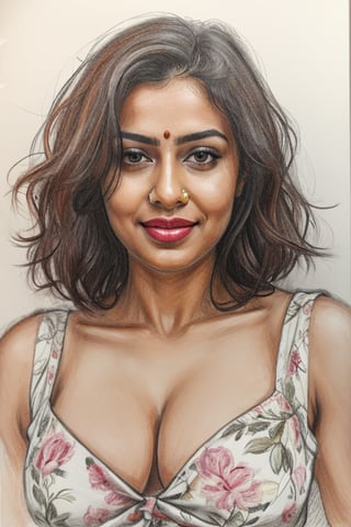 A sultry Malayali beauty, 35 years young and radiant. Charcoal art brings her to life in a portrait sketch of raw elegance. She smiles seductively, wearing only a loose shirt that drapes effortlessly from her waist. The charcoal lines are bold and expressive, capturing the high clarity and good proportions of her curvy figure. A masterpiece unfolds as the pencil sketch takes shape, revealing a stunning work of art.