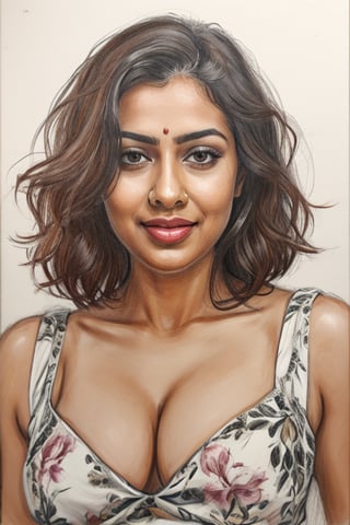 A sultry Malayali beauty, 35 years young and radiant. Charcoal art brings her to life in a portrait sketch of raw elegance. She smiles seductively, wearing only a loose shirt that drapes effortlessly from her waist. The charcoal lines are bold and expressive, capturing the high clarity and good proportions of her curvy figure. A masterpiece unfolds as the pencil sketch takes shape, revealing a stunning work of art.