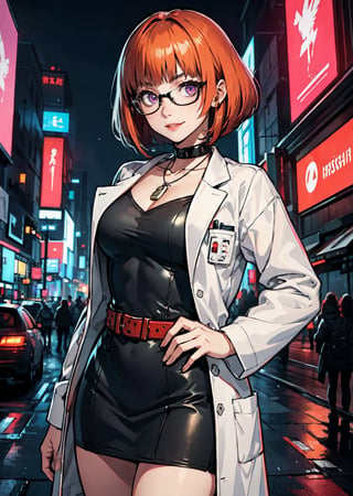  Futaba, purple eyes, glasses, long_orange_hair, female, masterpiece, best quality, perfect anatomy, cyberpunk scene,m, Persona 5 game, blue, pink lips, neck bone, messy bob cut, midnight, city background, , necklace, choker, labcoat, black dress, belt, short dress, medium breasts, smile, cowboy shot, long orange hair 