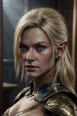 A Ultra realistic, a stunningly ultra highly detailed, fantasy acrylic painting, ((best quality)), ((masterpiece)),(((fotorealistic))), (detailed), (high-resolution:1.2), (masterpiece, top quality, best quality, official art), ((ultra-detailed))A wide shot of a beautiful woman with blonde hair and blue eyes, scares in the face , showing the new futuristic battle armor made of titanium and aged bronze,barely dressed ,  elven ears ,dynamic, realistic, cinematic, dramatic, photorealistic, with intricate details.,drow