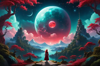 Scif vibes, Otherworldly, Cinematic, Ominous mountain, digital art, inspired by Cyril Rolando, digital art, blood red moon, forest, Japanese temple, beeple and jeremiah ketner, symmetrical digital illustration, realism | beeple, over detailed art, music album art, Creepy,1girl,red hair,twintails,full body, style of Ivan Aivazovsky