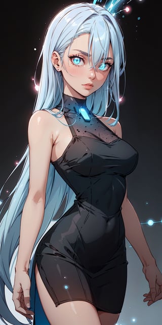 ((Masterpiece)), (Best Quality), (Detailed), (1girl), (Internal Data Flow) light blue gradient hair, light blue glowing eyes, straight hair, She is dressed in a modern white shirt and a black dress, Covered by data particles, Locked around the neck