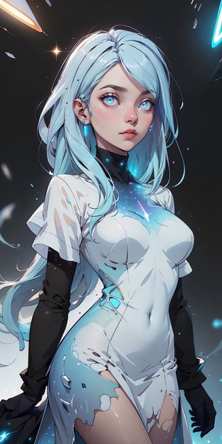 ((Masterpiece)), (Best Quality), (Detailed), (1girl), (Internal Data Flow) light blue gradient hair, light blue glowing eyes, straight hair, She is dressed in a modern white shirt and a black dress, Covered by data particles, Locked around the neck,High detailed 