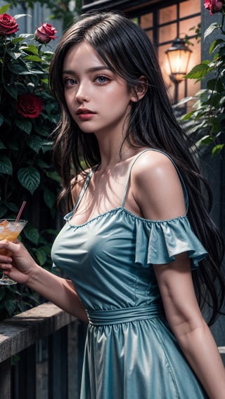 masterpiece,{{{best quality}}},(illustration)),{{{extremely detailed CG unity 8k ,Brilliant light,cinematic lighting,long_focus,Women, with medium breast , (Black hair),long_hair,((blue Cocktail dress)), pink eyes,realistic, Rose garden outside background,top angle ,FFIXBG