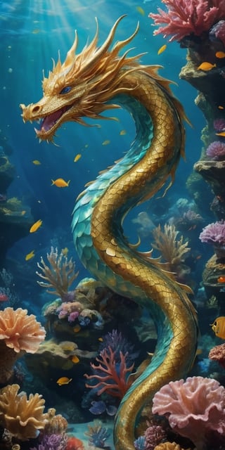 Envision a serpentine dragon, its scales shimmering like opals, gliding gracefully through an underwater coral reef. The crystal-clear water reflects its every movement, showcasing the elegance and wonder of this aquatic creature in its natural habitat.