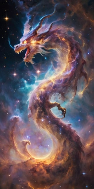 A cosmic dragon, its body a swirling vortex of stars and galaxies, with nebulae glowing softly within its translucent wings. It roars silently into the void, a beacon of majestic power and otherworldly beauty in the infinite expanse of space.
