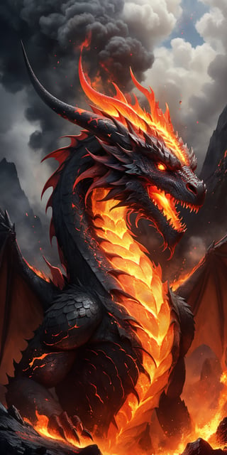 A fiery dragon with lava-red scales emerging from a volcano's mouth. The intense heat and molten rock accentuate its fierce beauty, while the smoke and ash create an aura of impending doom.
