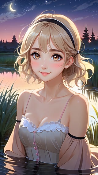 (masterpiece fairytale impressionism, best quality, night:1.3), Environmental portrait, a cute turkish girl, peach skin, lanky, small breasts, amused, wavy hair, ash blonde, elastic hair band, bronzer, wetland background, tundra, In-depth, trending on Pixiv, nsfw