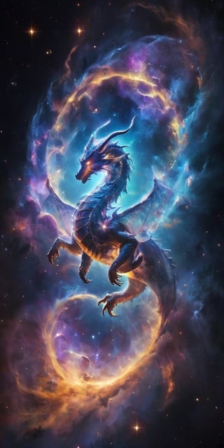 A cosmic dragon, its body a swirling vortex of stars and galaxies, with nebulae glowing softly within its translucent wings. It roars silently into the void, a beacon of majestic power and otherworldly beauty in the infinite expanse of space.
