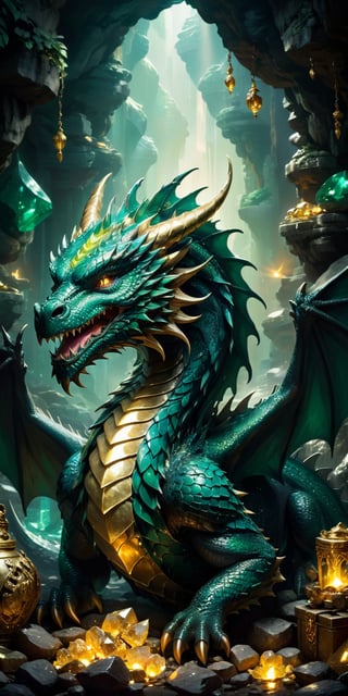 A majestic dragon with emerald-green scales lying protectively over a hoard of treasures in a dimly lit cavern. The gems and gold reflect its fierce beauty, while the shadows and flickering torchlight hint at the peril of approaching such a creature."
