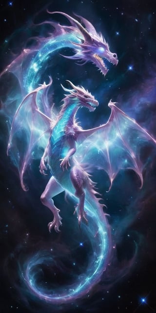 An ethereal dragon, translucent and shimmering like a ghostly apparition, its form outlined by the glow of distant stars. It soars through the void of space, leaving a trail of sparkling stardust in its wake, its eyes glowing with ancient wisdom as it navigates the cosmos.
