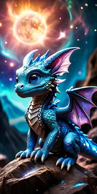 Celestial Guardians A baby dragon perches on a small asteroid, watching over a distant planet with an atmosphere filled with swirling auroras. Its scales are a deep, metallic blue, and its eyes reflect the planet's shimmering beauty.