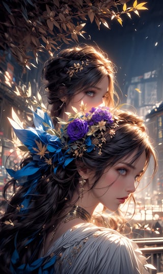 a colorful digital artwork of a beautiful woman, tree's branches, leaves and flowers in the style of mythic theme, graceful surrealism, depictions of urban life, (dark sky-blue and purple, gold), portraitures with hidden meanings, caricature-like illustrations, metropolis meets nature ,midjourney, double exposure,1 girl